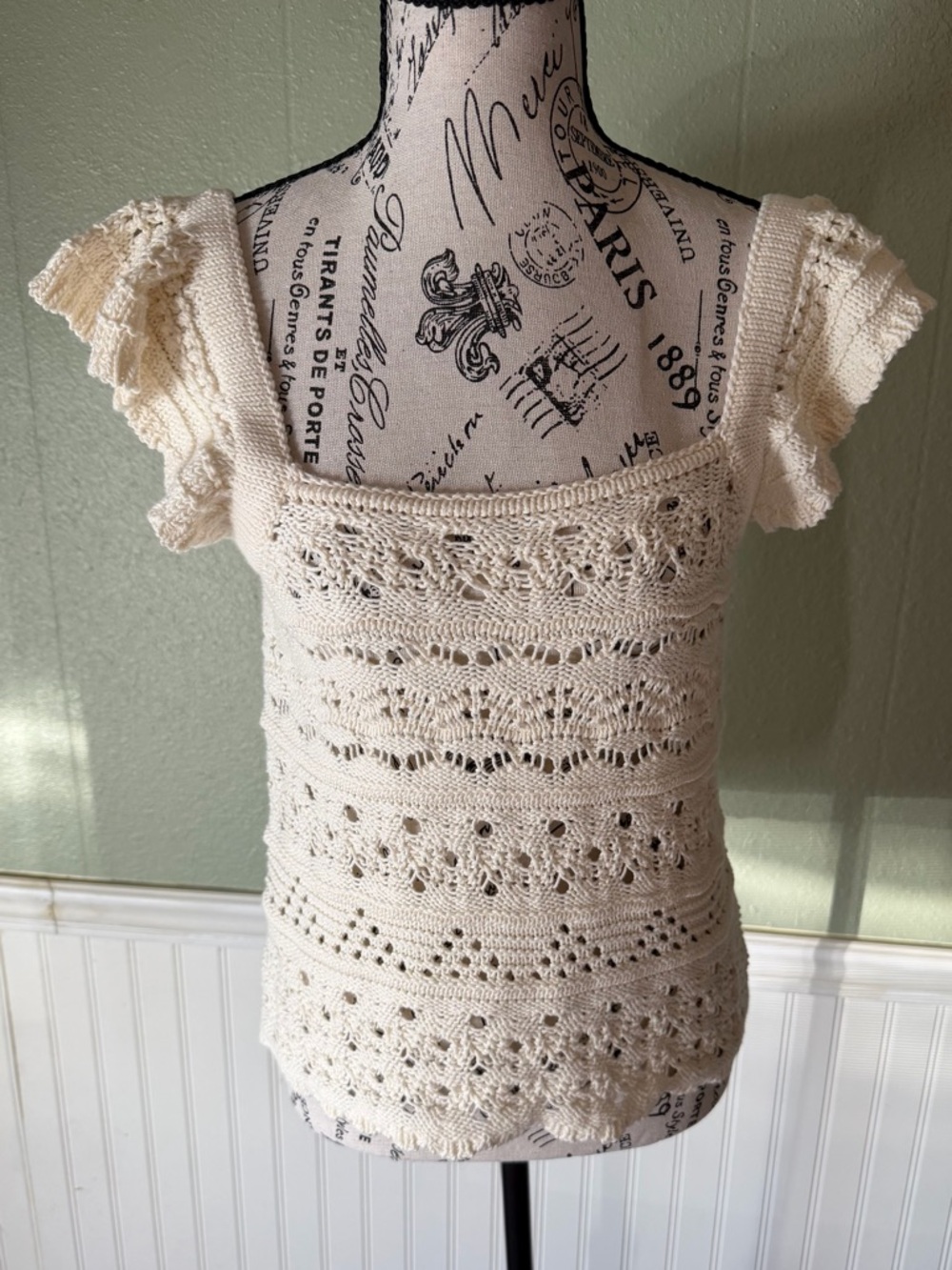 Cream Crochet Open Weave Knit Square Neck Boho Styling Women’s Top.